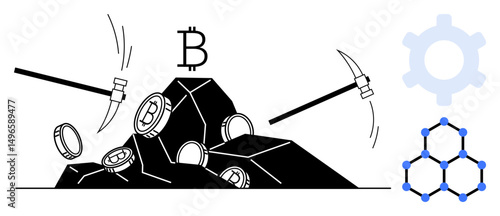 Pickaxes extracting cryptocurrency coins from rocks, Bitcoin logo, gear, and blockchain icon. Ideal for technology, finance, crypto mining, blockchain, innovation economy digital transformation