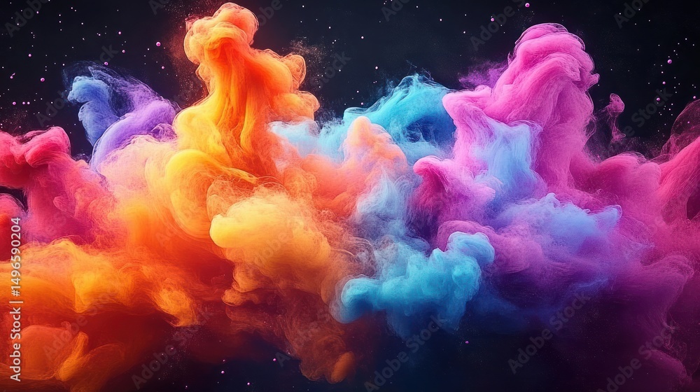 Vibrant colorful powder clouds in dynamic swirling motion against a dark background creating an abstract and energetic visual effect Vibrant colorful powder clouds in dynamic swirling motion against a dark background creating an abstract and energetic visual effect