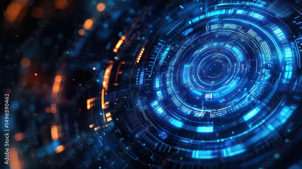 Futuristic digital interface with blue and orange glowing circular data patterns representing technology and information flow Futuristic digital interface with blue and orange glowing circular data patterns representing technology and information flow