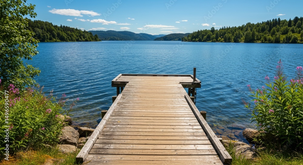 Naklejka premium Photo of Tranquil Wooden Dock on Lake with Blue Sky
