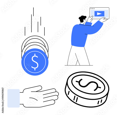 Currency coins falling into a hand, man holding a tablet with a video, single coin. Ideal for finance, investments, monetization, digital content, marketing campaigns, ecommerce simple landing page