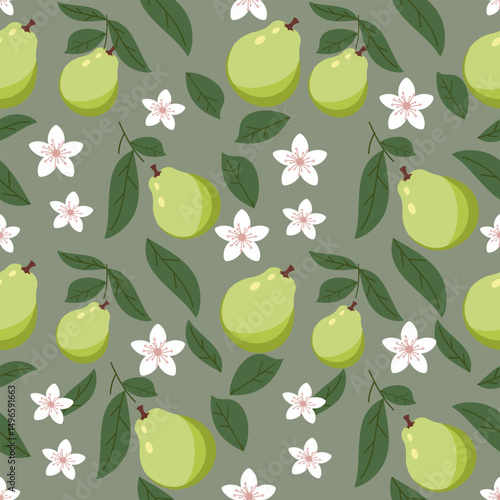 Vector seamless pattern with guava fruit and flowers