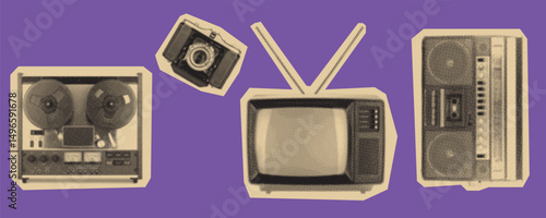 Retro Media Collage Vector Illustration on Purple Background