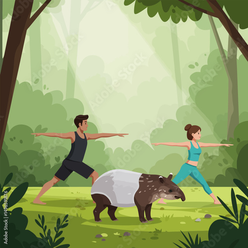 People Doing Yoga with a Tapir in a Forest Clearing