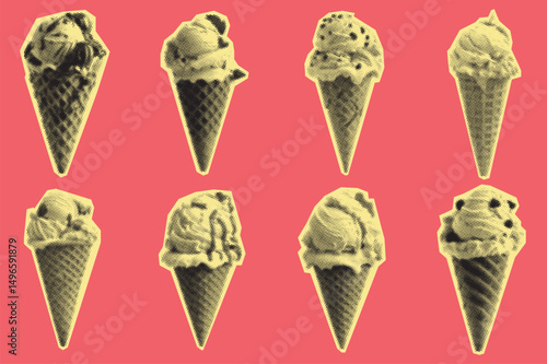 Ice Cream Cone Halftone Vector Pattern on Red Background