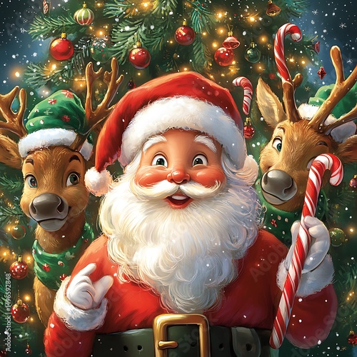 Santa Claus and reindeer with christmas tree.