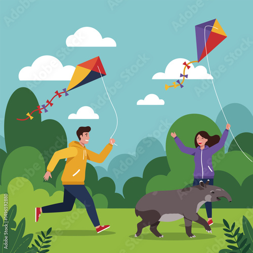 People Flying Kites in a Park with a Tapir Walking Nearby