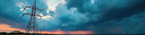 Close-up of a high-voltage electrical tower against a stormy sky, emphasizing the potential danger and power of electricity generation , climate change, risk, non-renewable energy