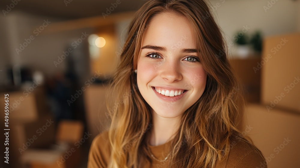 Young woman smiles amid moving boxes, embracing a fresh start with optimism. Young woman smiles amid moving boxes, embracing a fresh start with optimism.