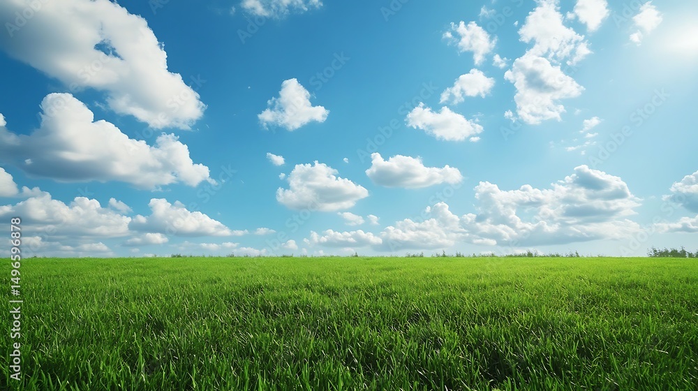 Obraz premium Expansive field of vibrant green grass under a clear blue sky dotted with fluffy clouds.