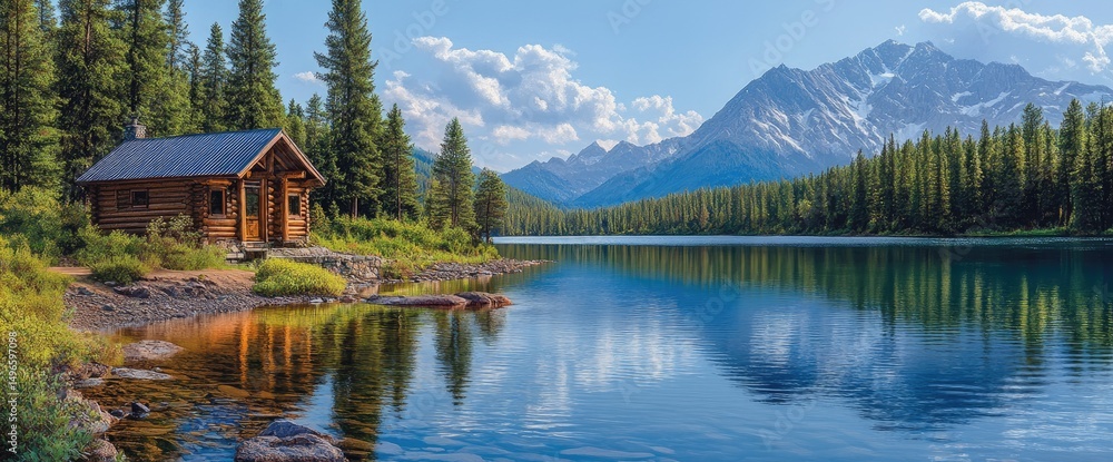 Fototapeta premium Idyllic cabin by the lake surrounded by mountains and forest, reflections in the water