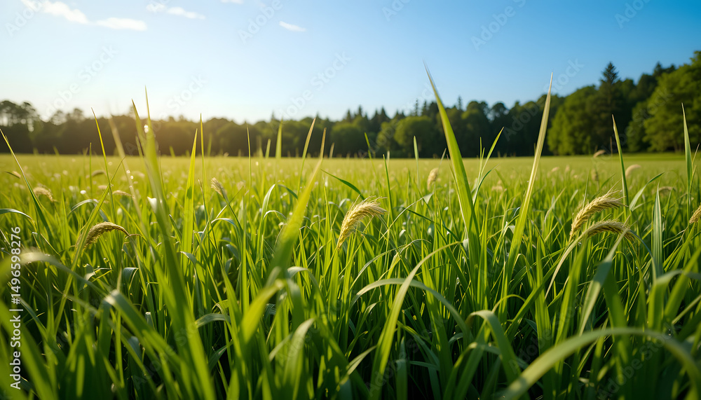 Obraz premium Title: Sunlit Green Grass Field with Tree Line and Clear Blue Sky