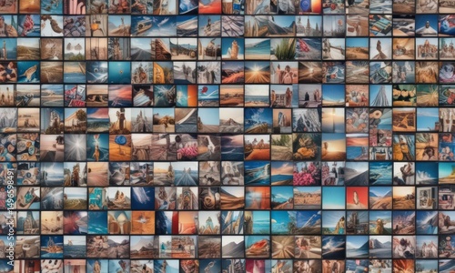 Vibrant photo collage grid, diverse shapes and sizes , art, layout, illustration