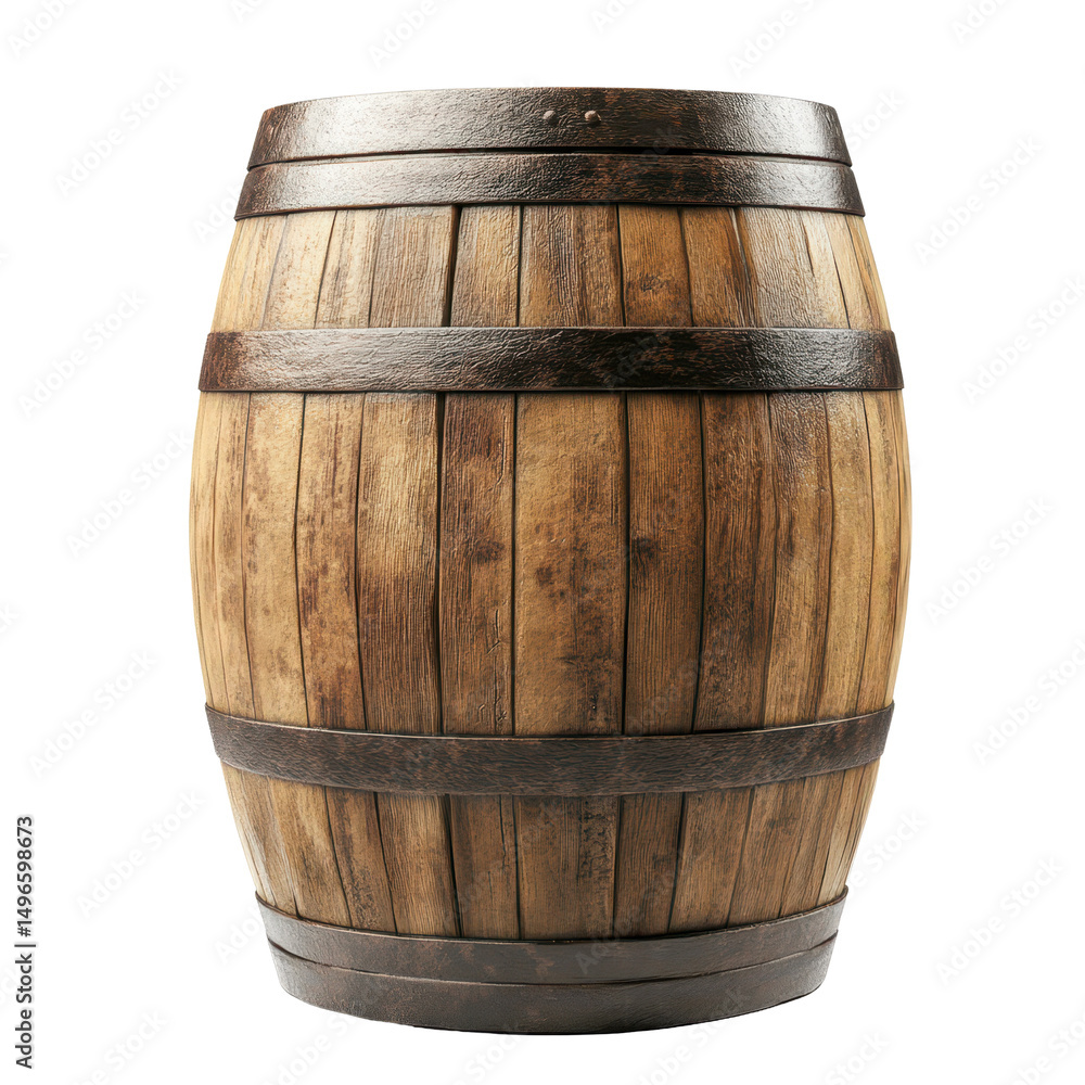 Fototapeta premium Wooden oak barrel isolated on Transparent background showcasing craftsmanship and rustic appeal, Wooden oak barrel isolated on PNG background