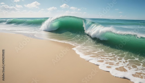 Emerald green waves curl, crashing on a pristine sandy beach , shore, sunlight