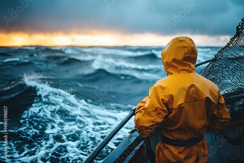 Fisherman in waterproof overalls on a fishing boat on the high seas
