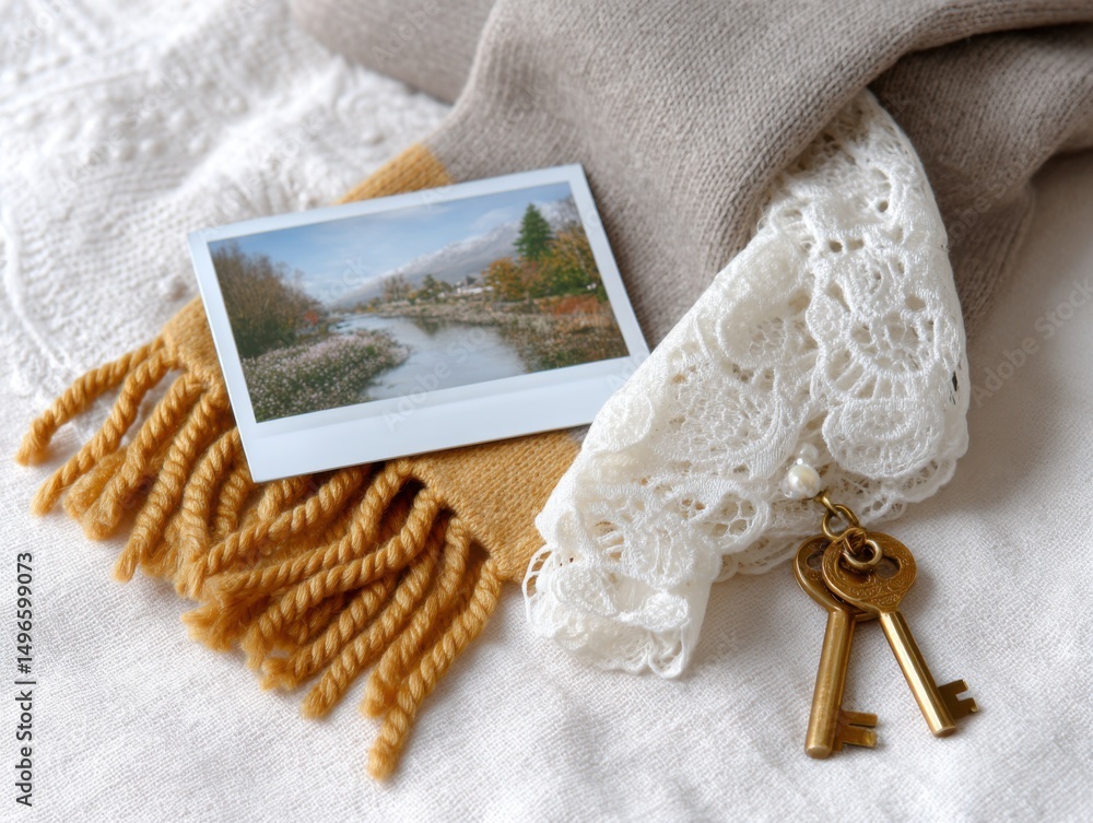Fototapeta premium Vintage pastel travel flatlay illustration of polaroid photo by leeyongjay, with golden keys and scarf against a textured white fabric backdrop on neutral.