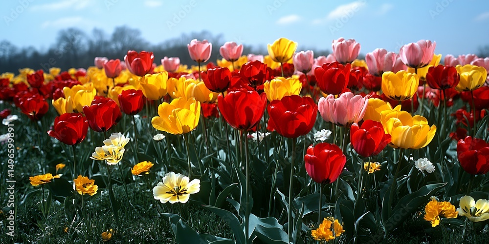 Vibrant Spring Tulips Blooming in a Sunny Field Colorful Red Yellow Pink Flowers Vibrant Spring Tulips Blooming in a Sunny Field Colorful Red Yellow Pink Flowers