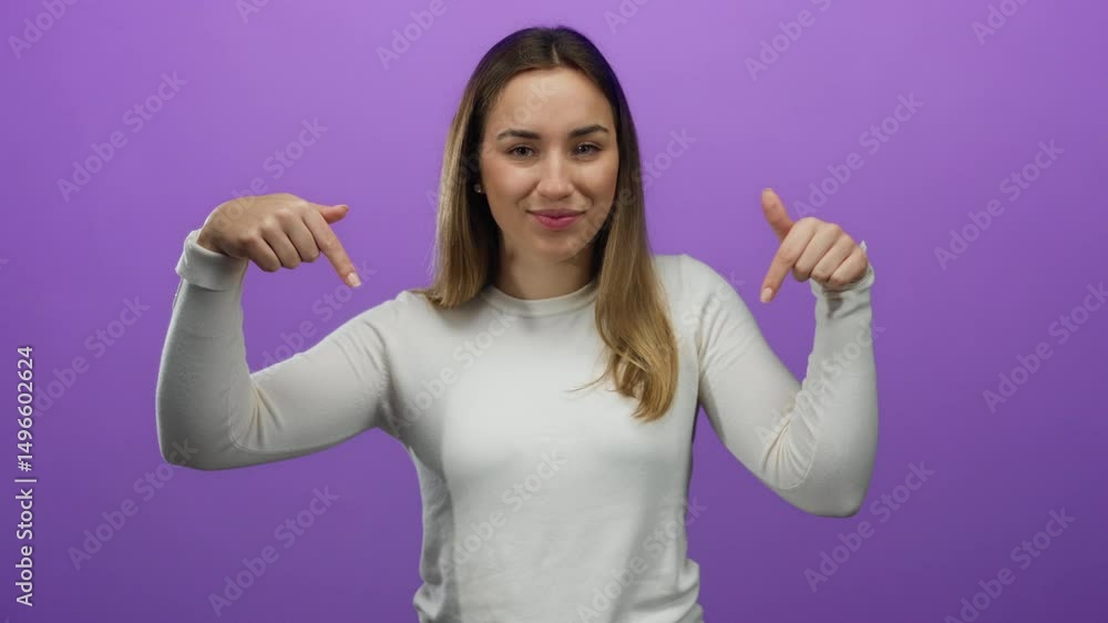 Young woman in white sweater pointing fingers down in front of an isolated purple background with a joyful smile showing excitement and engagement with the scene Young woman in white sweater pointing fingers down in front of an isolated purple background with a joyful smile showing excitement and engagement with the scene