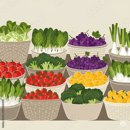 Fresh Produce Market Abundance: Vibrant Vegetables and Fruits in Baskets, Healthy Eating, Farmers Market, Organic Food, Grocery Shopping, Dietary Choices, Natural Goodness