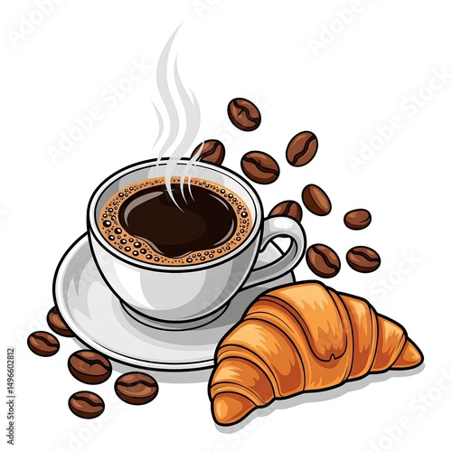 Aromatic Coffee Cup with Steaming Brew and Buttery Croissant Delightful Breakfast Food Illustration