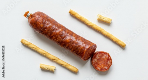 Photo Sausage and Breadsticks on White Background