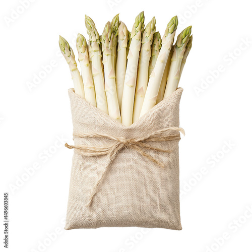 Fresh white asparagus spears wrapped in rustic burlap with twine, organic spring vegetable bundle
