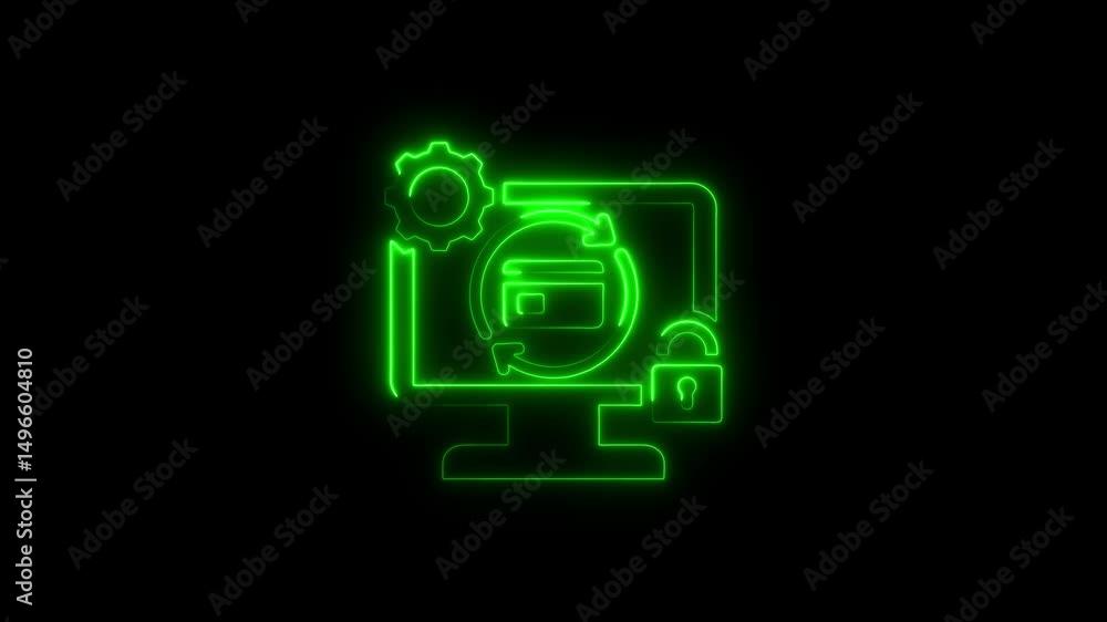 Animated green neon computer screen displaying secured online financial transactions Animated green neon computer screen displaying secured online financial transactions