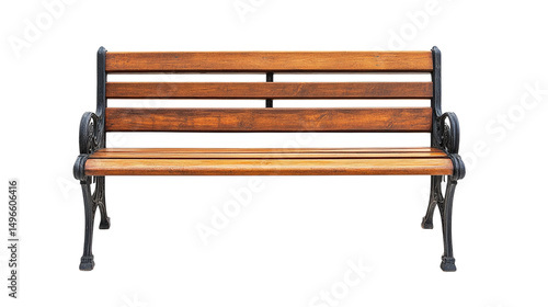 Wooden park bench with metal frame, classic design, suitable for outdoor settings, inviting for relaxation and socializing, isolated on transparent background, png  