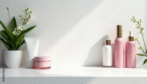 Clean, bright white backdrop for cosmetic display, illustration, stylish, advertising