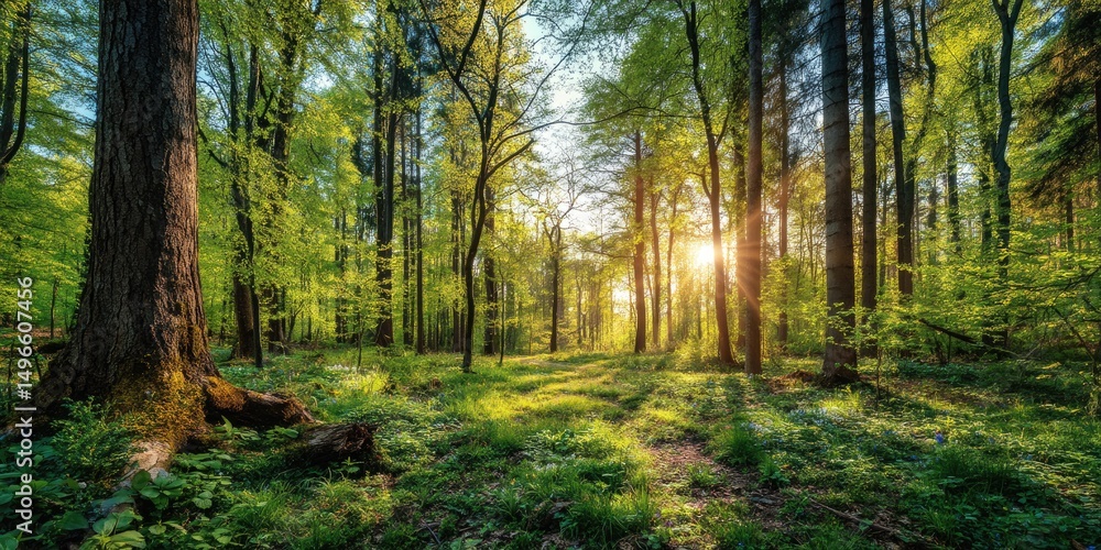 Fototapeta premium Silent German Forest in spring with beautiful bright sun rays on orange, golden sunset mood, black forest.