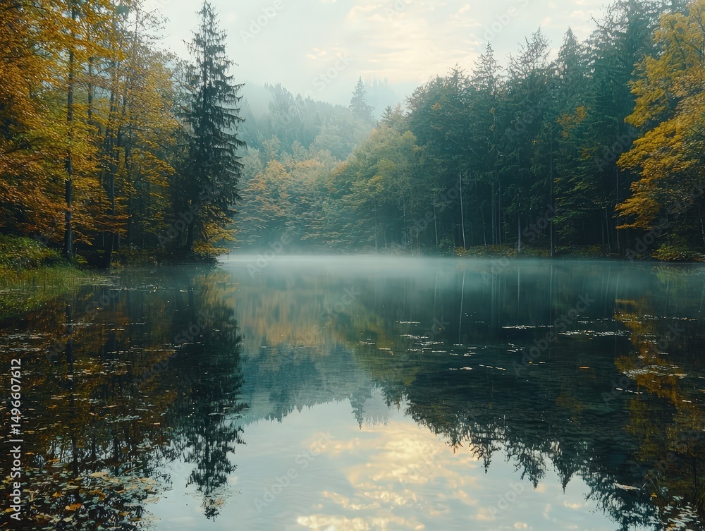 Obraz premium Unsurpassed quiet lake in the morning light surrounded by a forest, tree reflection on the water surface