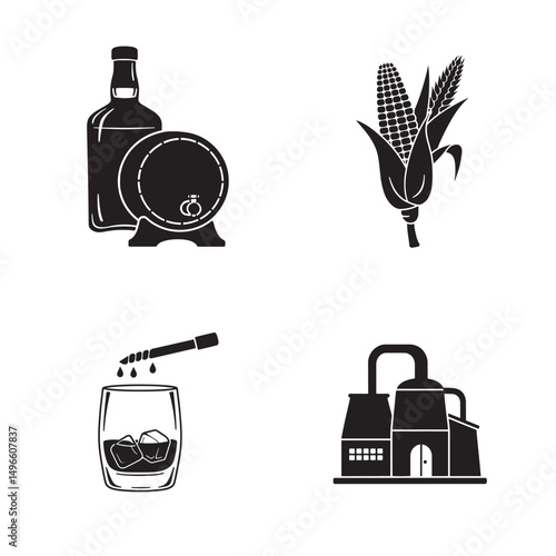 Black and white icons representing whiskey production and its key ingredients corn barrel and factory