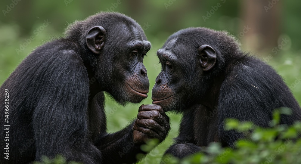 Photo of Two Bonobos Holding Hands in Rainforest Photo of Two Bonobos Holding Hands in Rainforest