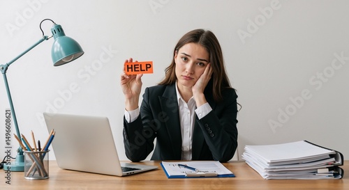Young woman looking overwhelmed holding help sign at office desk  