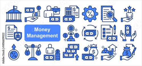 Money management icon collection set. Containing investing, asset, budgeting, banking, evaluating taxes, investment, wealth icon. Simple line vector.