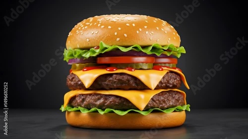 Cool fresh juicy cooked double cheeseburger rotate on turntable. Very luscious air bun and marbled beef. displayed on a dark background.