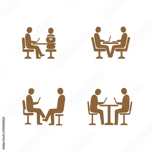 Collection of simple brown icon illustrations depicting meetings and people interacting with laptops