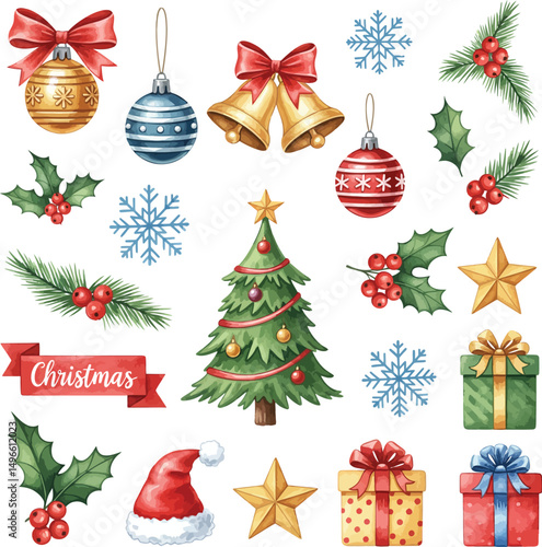 Watercolor Christmas Ornaments and Festive Symbols