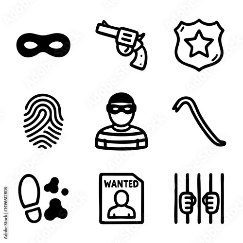 A set of doodle line icons depicting crime, theft, investigation, and law enforcement elements in a bold, simple style
