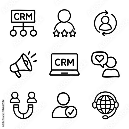 A set of doodle line icons representing CRM systems, customer engagement, feedback, retention, and marketing tools for businesses