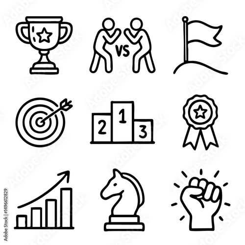 A set of doodle line icons symbolizing success, leadership, victory, and progress through trophies, charts, and competition themes