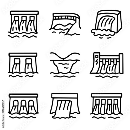 A set of doodle line icons featuring hydroelectric dams, water flow structures, and renewable energy elements in a simplified form