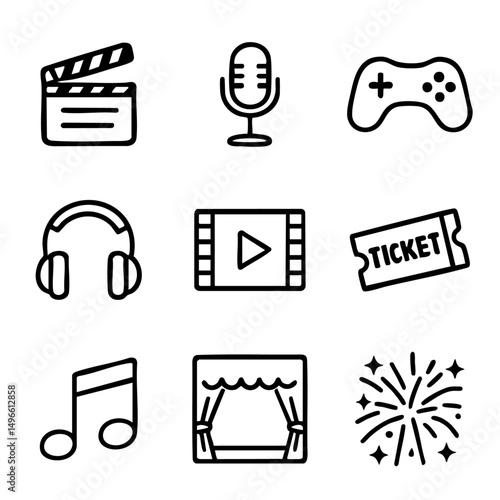 A set of doodle line icons representing entertainment, music, movies, games, live shows, and media-related activities in fun style