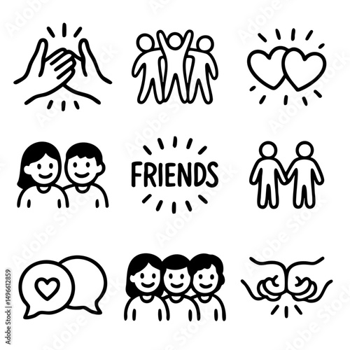 A set of doodle line icons representing friendship, bonding, communication, love, support, and positive human relationships in a playful style