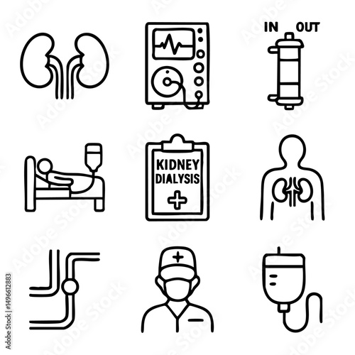 A set of doodle line icons related to kidney dialysis, renal healthcare, treatment procedures, medical staff, and equipment