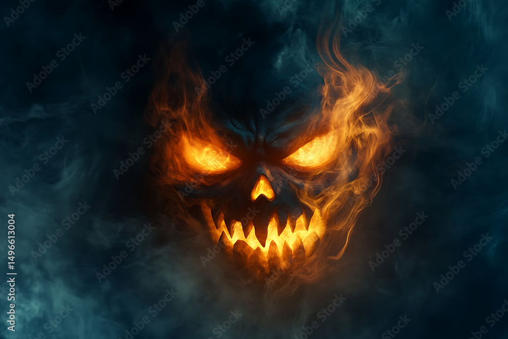 Fiery skull with glowing eyes emerges from swirling dark smoke, creating a haunting atmosphere Fiery skull with glowing eyes emerges from swirling dark smoke, creating a haunting atmosphere