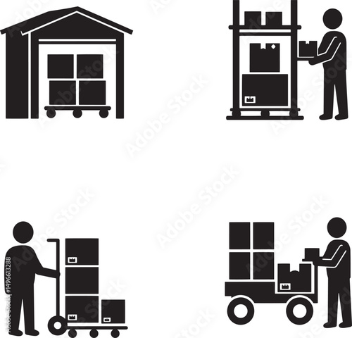 Logistics and warehouse illustration featuring icons of workers handling boxes and warehouse elements