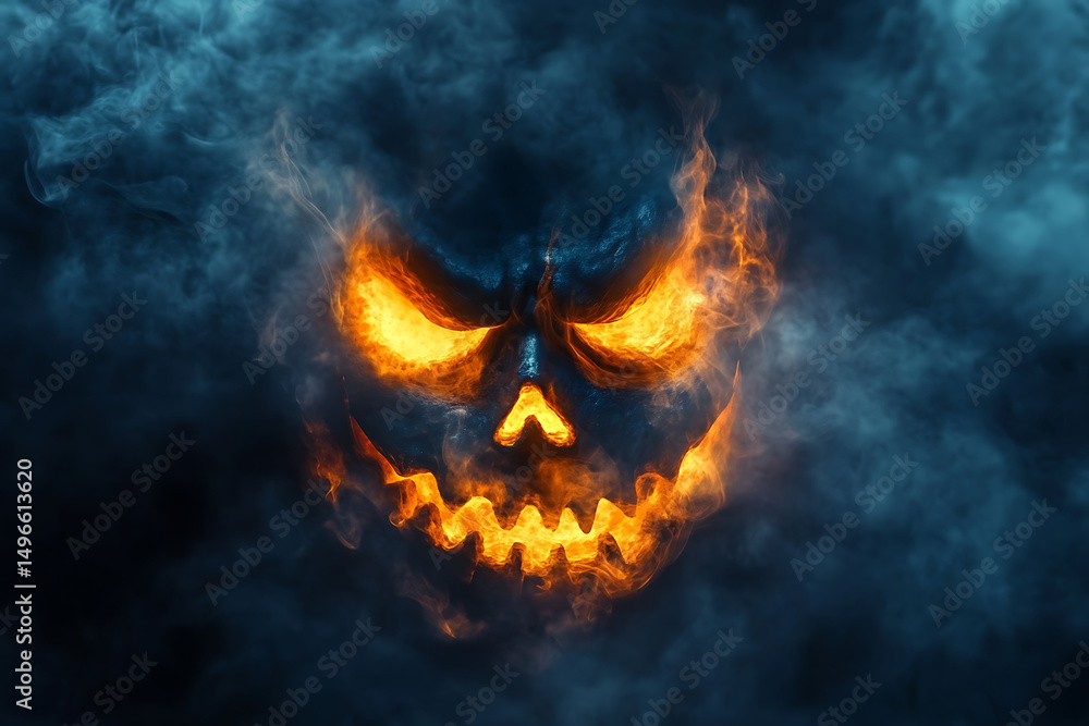 Fiery pumpkin face emerging from dark smoke, creating a spooky Halloween atmosphere Fiery pumpkin face emerging from dark smoke, creating a spooky Halloween atmosphere