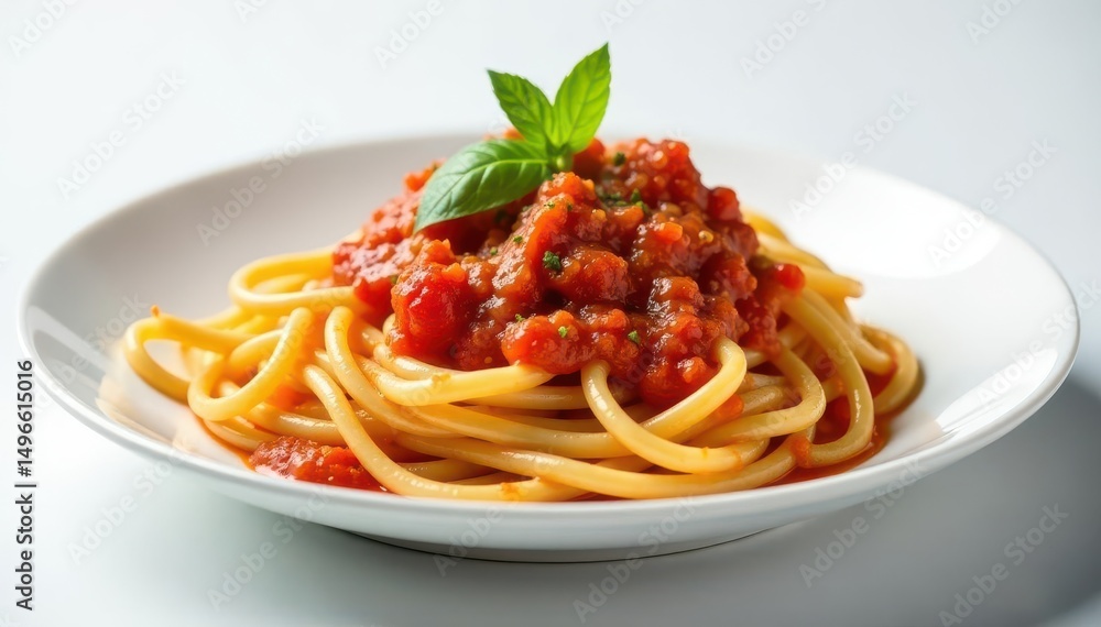 Plate of vibrant pasta with tomato sauce, white backdrop , delicious, macaroni, dish Plate of vibrant pasta with tomato sauce, white backdrop , delicious, macaroni, dish